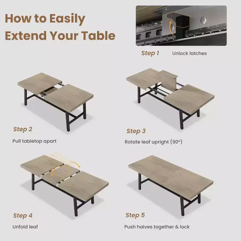 Extendable Dining Table, Industrial Rectangular Dining Room Table, Metal Frame, for Dining Room, Kitchen