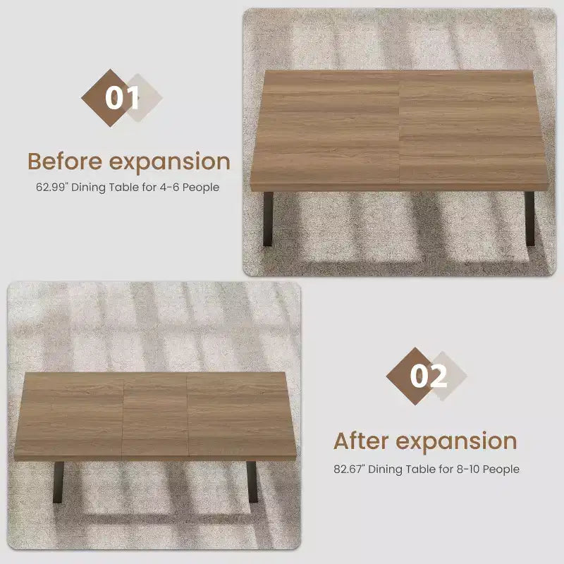 Extendable Dining Table, Industrial Rectangular Dining Room Table, Metal Frame, for Dining Room, Kitchen