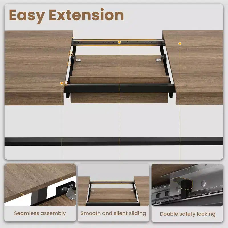 Extendable Dining Table, Industrial Rectangular Dining Room Table, Metal Frame, for Dining Room, Kitchen