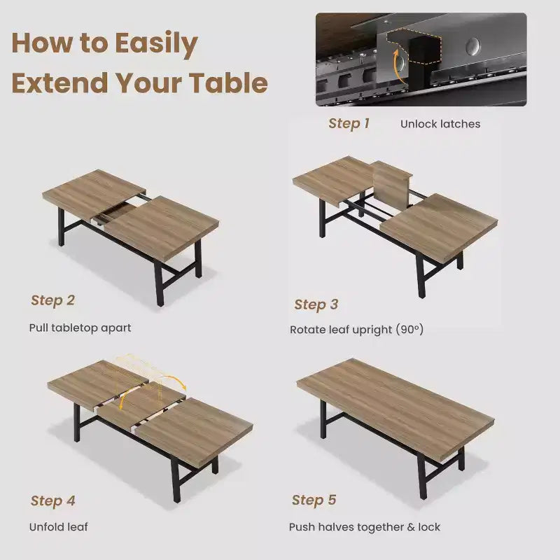 Extendable Dining Table, Industrial Rectangular Dining Room Table, Metal Frame, for Dining Room, Kitchen