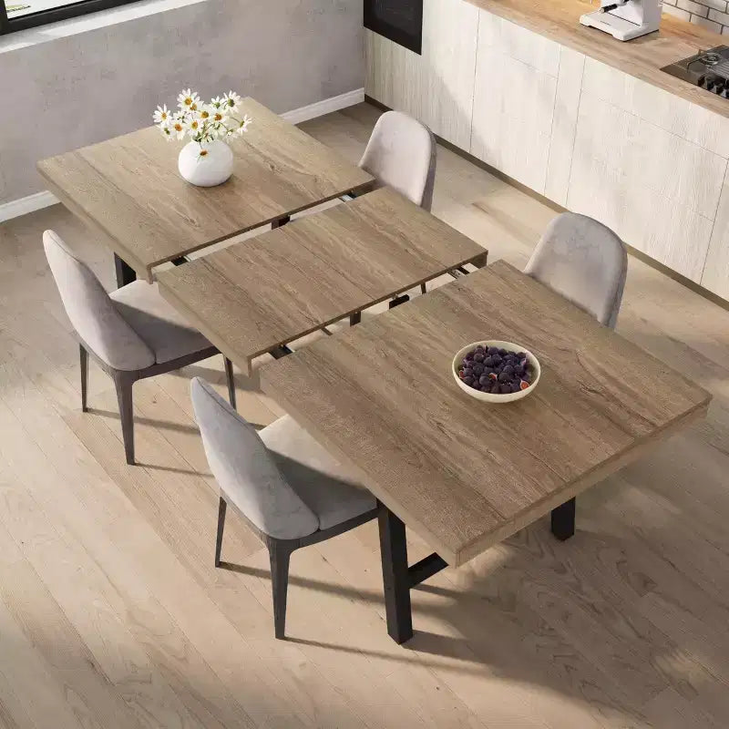 Extendable Dining Table, Industrial Rectangular Dining Room Table, Metal Frame, for Dining Room, Kitchen