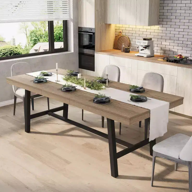 Extendable Dining Table, Industrial Rectangular Dining Room Table, Metal Frame, for Dining Room, Kitchen