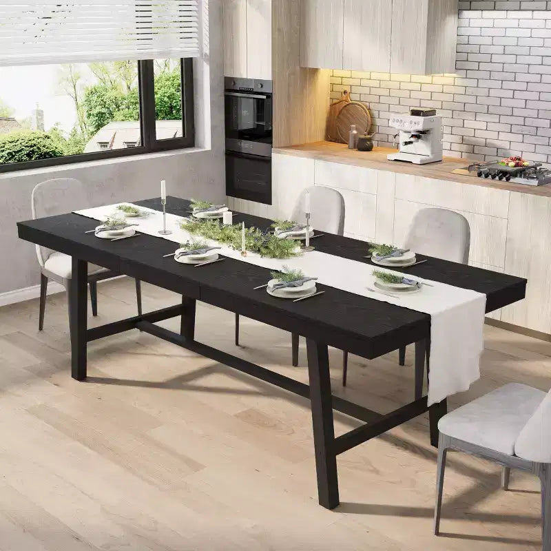 Extendable Dining Table, Industrial Rectangular Dining Room Table, Metal Frame, for Dining Room, Kitchen