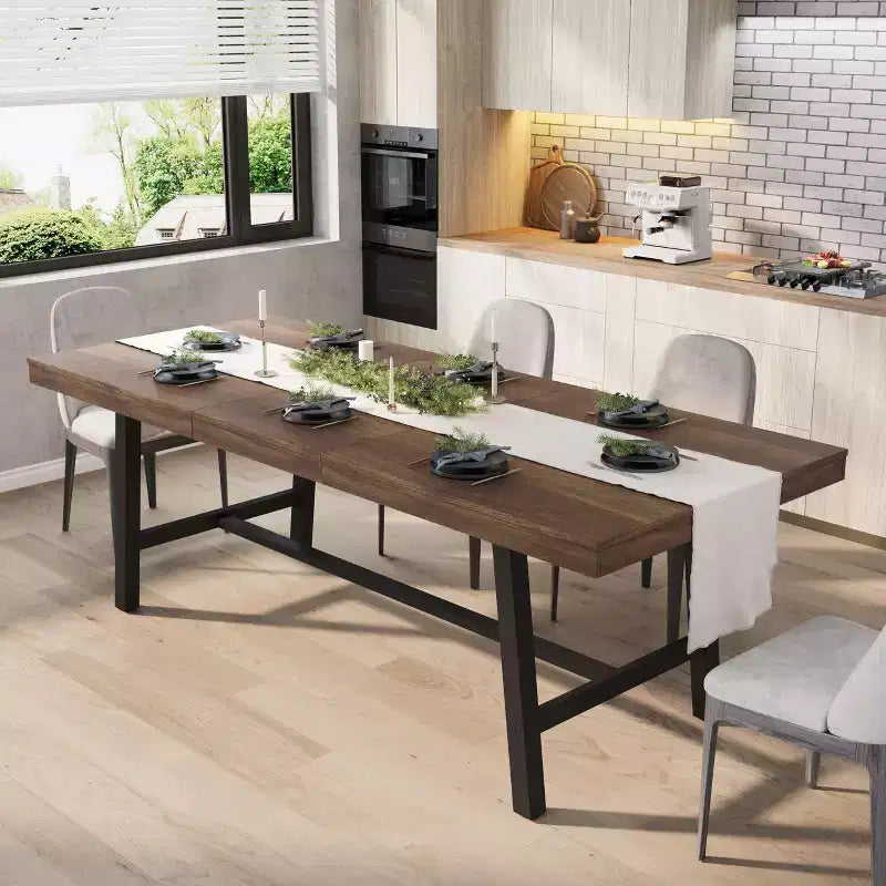 Extendable Dining Table, Industrial Rectangular Dining Room Table, Metal Frame, for Dining Room, Kitchen