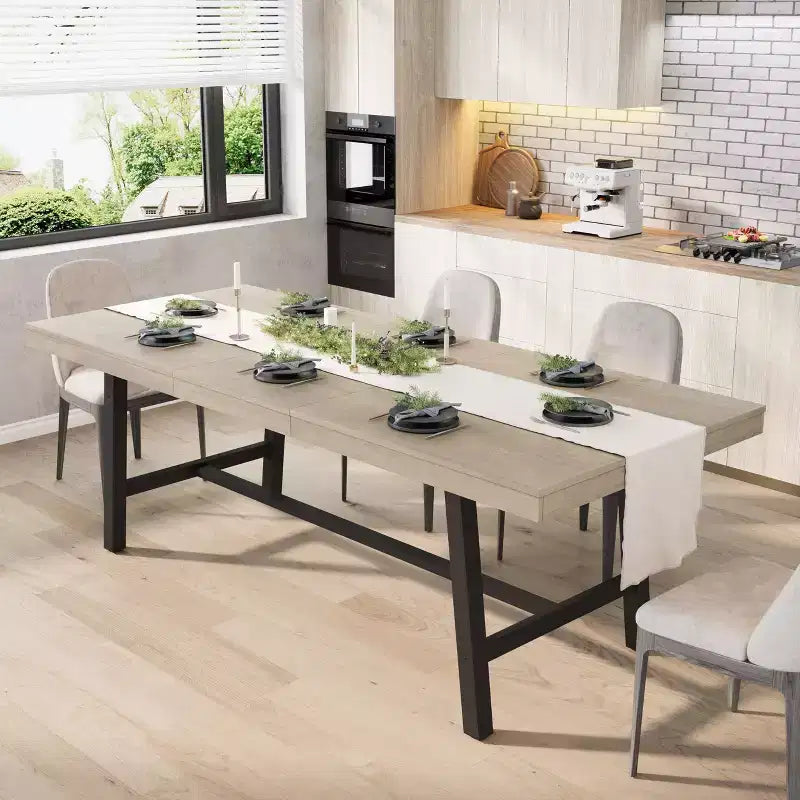 Extendable Dining Table, Industrial Rectangular Dining Room Table, Metal Frame, for Dining Room, Kitchen