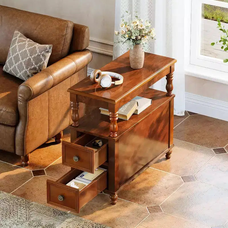 Walnut Wood End Table: Mid-Century, 2 Drawers, Storage Shelf, Slim, Accent Table for Living Room, Easy to Assemble