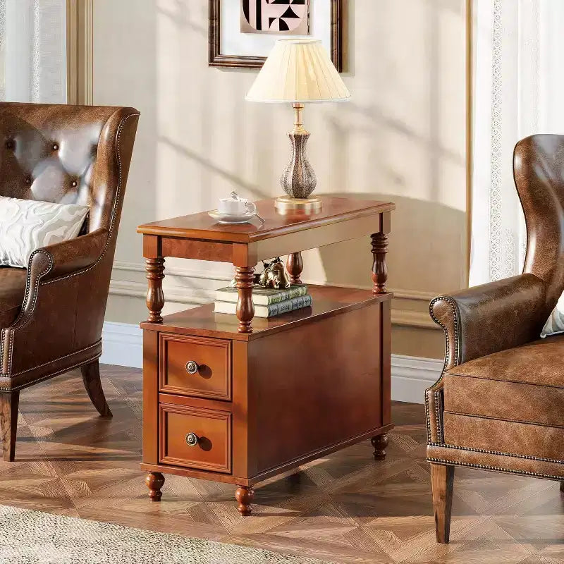 Walnut Wood End Table: Mid-Century, 2 Drawers, Storage Shelf, Slim, Accent Table for Living Room, Easy to Assemble