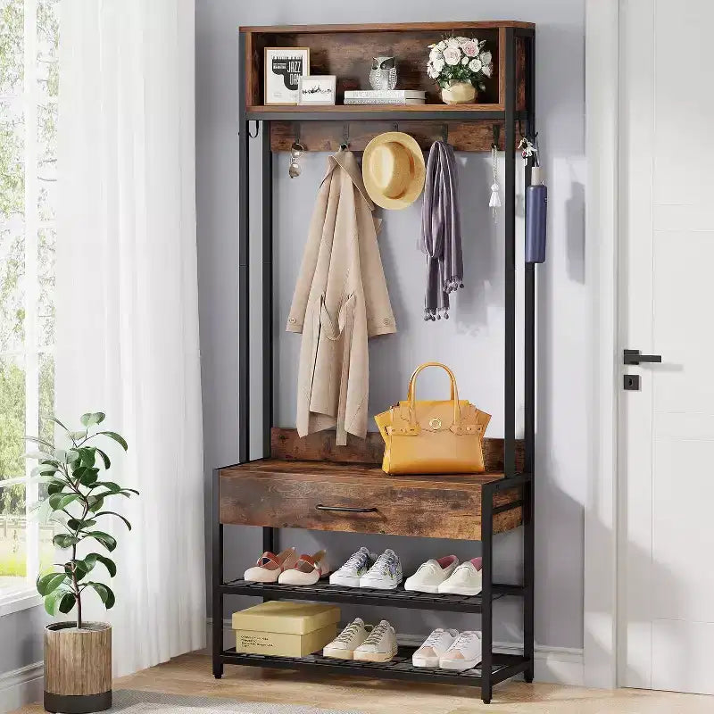 3-in-1 Entryway Hall Tree with Drawer, Vintage Industrial Coat Rack with Shoe Bench and Hutch for Living Room, Bedroom, Brown