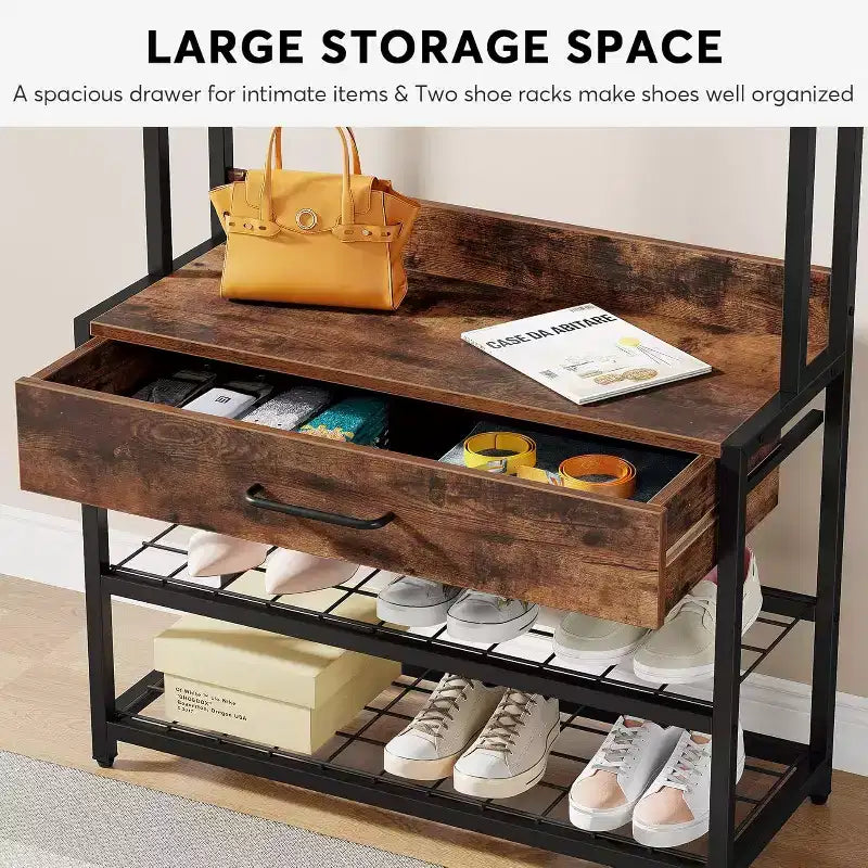 3-in-1 Entryway Hall Tree with Drawer, Vintage Industrial Coat Rack with Shoe Bench and Hutch for Living Room, Bedroom, Brown