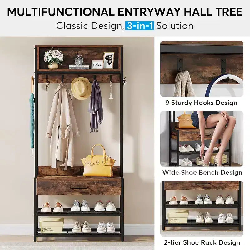 3-in-1 Entryway Hall Tree with Drawer, Vintage Industrial Coat Rack with Shoe Bench and Hutch for Living Room, Bedroom, Brown