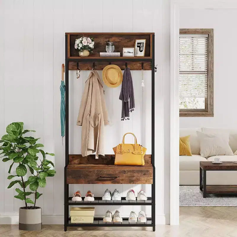3-in-1 Entryway Hall Tree with Drawer, Vintage Industrial Coat Rack with Shoe Bench and Hutch for Living Room, Bedroom, Brown