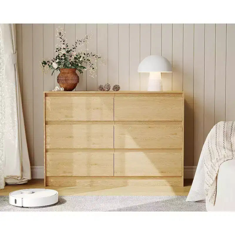 6 Drawer Dresser, Farmhouse 47 Inch Chest of Drawers with Handle-Less Design, Natural Oak Wooden Storage Cabinet for Bedroom & Living Room, Brown