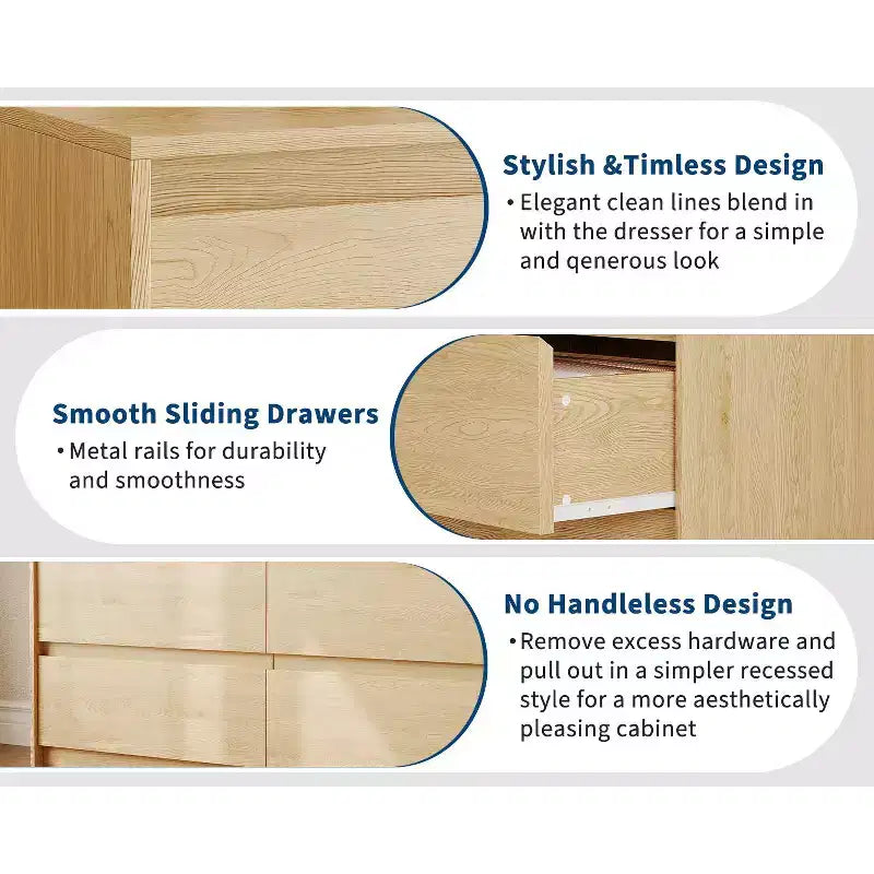 6 Drawer Dresser, Farmhouse 47 Inch Chest of Drawers with Handle-Less Design, Natural Oak Wooden Storage Cabinet for Bedroom & Living Room, Brown