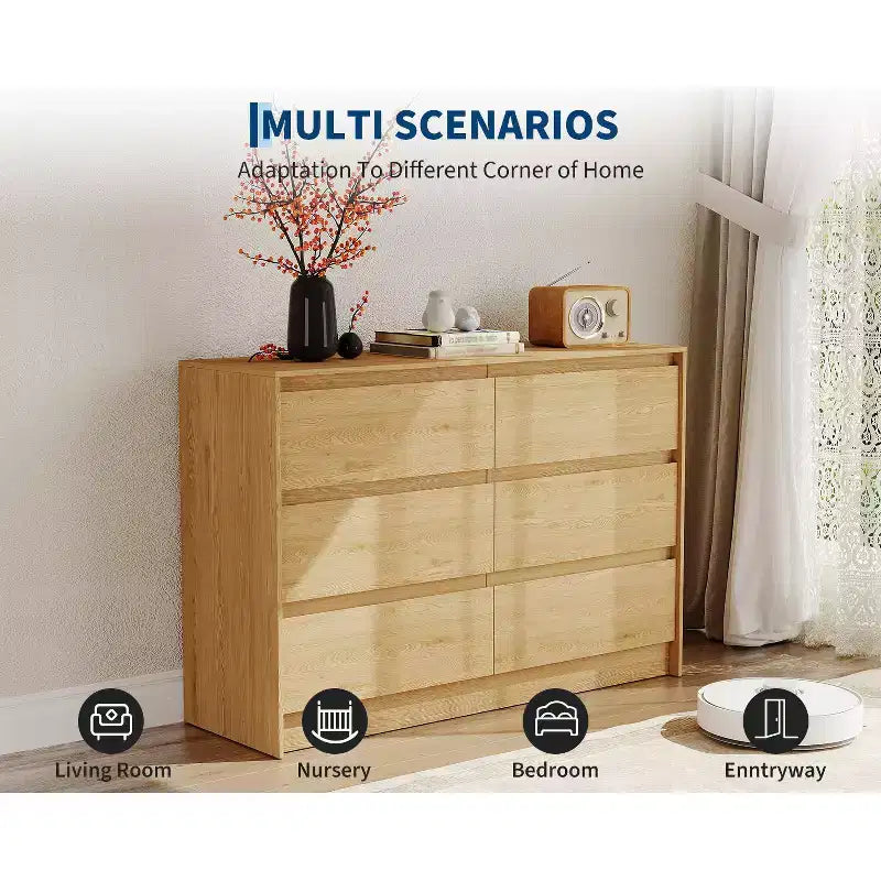 6 Drawer Dresser, Farmhouse 47 Inch Chest of Drawers with Handle-Less Design, Natural Oak Wooden Storage Cabinet for Bedroom & Living Room, Brown