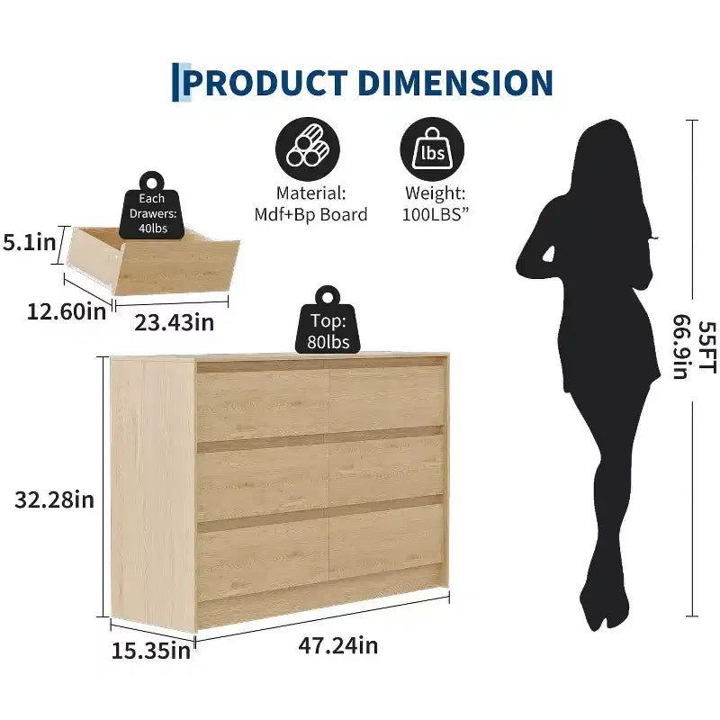 6 Drawer Dresser, Farmhouse 47 Inch Chest of Drawers with Handle-Less Design, Natural Oak Wooden Storage Cabinet for Bedroom & Living Room, Brown