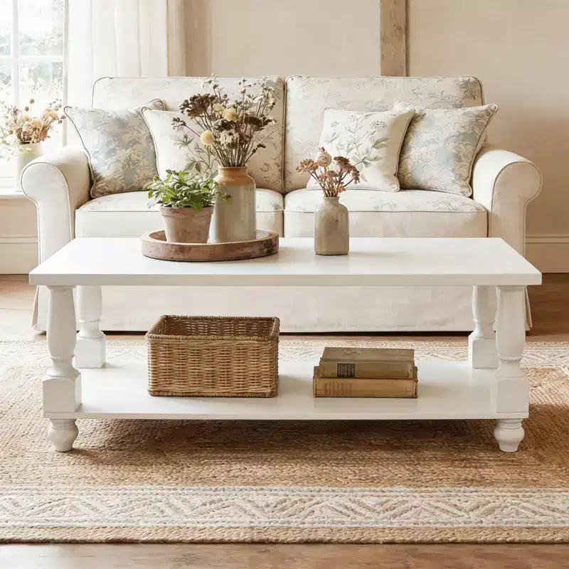 47" Farmhouse Coffee Table with Solid Turned Legs, 2-Tier Living Room Center Table with Storage