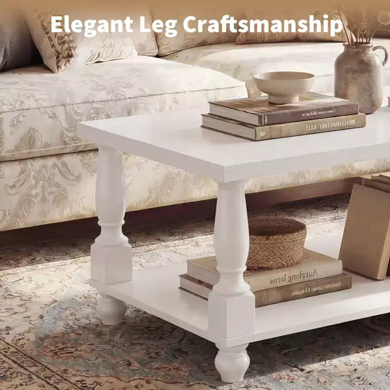 47" Farmhouse Coffee Table with Solid Turned Legs, 2-Tier Living Room Center Table with Storage