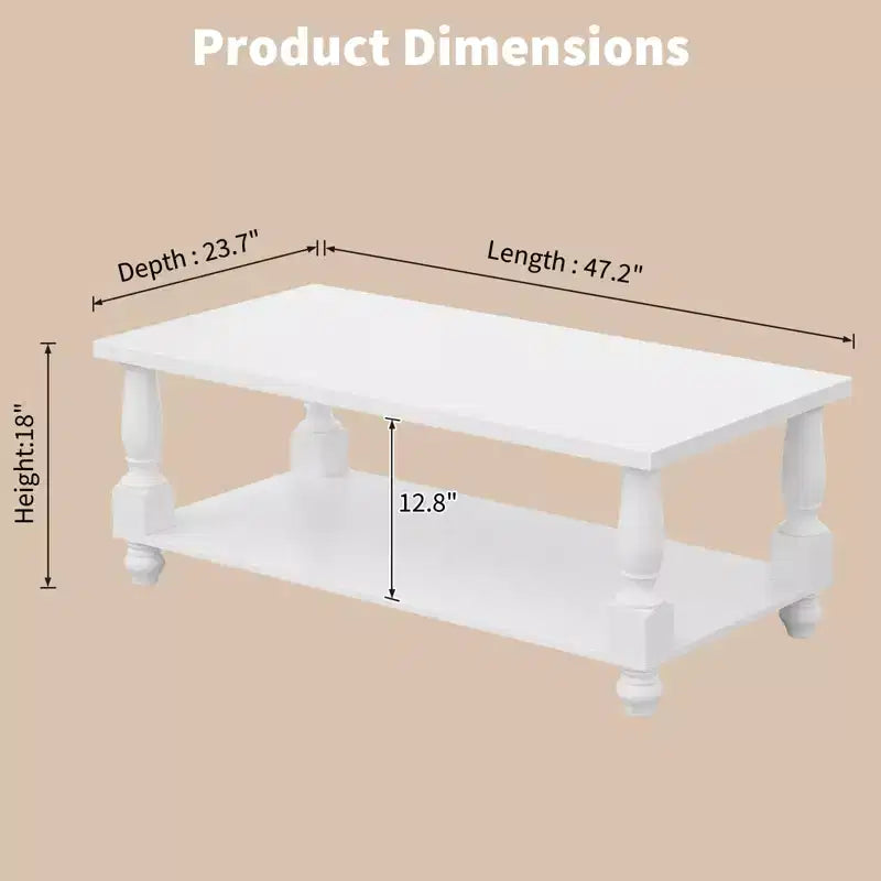 47" Farmhouse Coffee Table with Solid Turned Legs, 2-Tier Living Room Center Table with Storage
