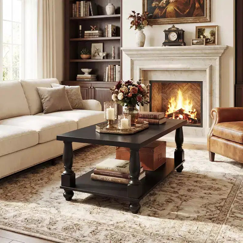 47" Farmhouse Coffee Table with Solid Turned Legs, 2-Tier Living Room Center Table with Storage
