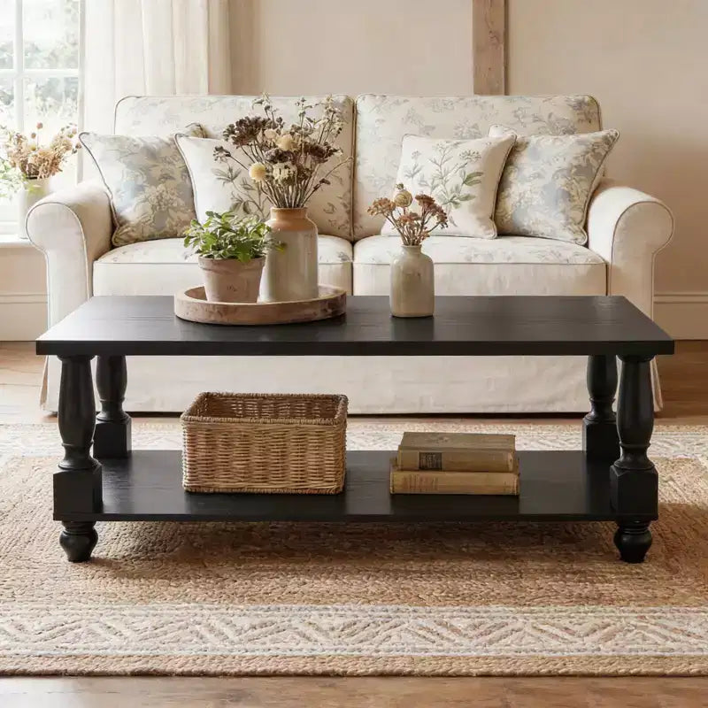 47" Farmhouse Coffee Table with Solid Turned Legs, 2-Tier Living Room Center Table with Storage