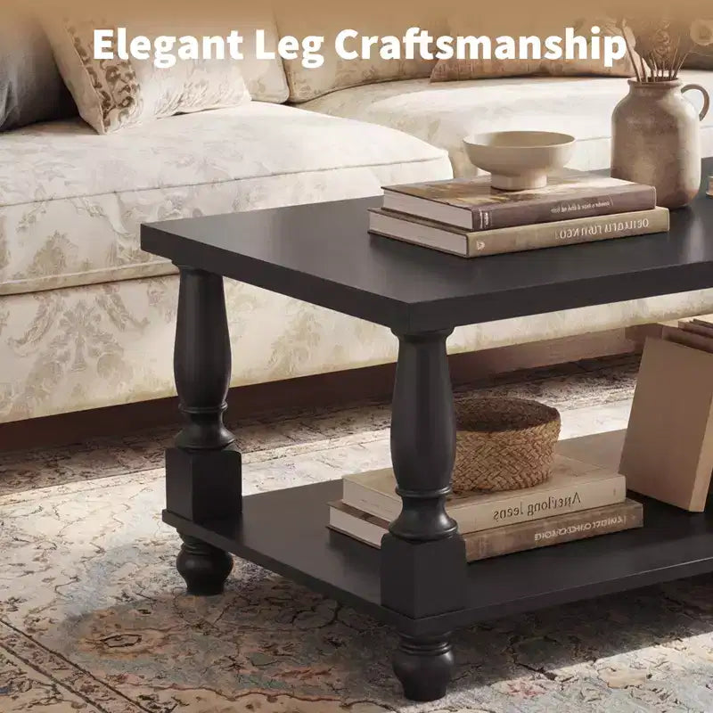 47" Farmhouse Coffee Table with Solid Turned Legs, 2-Tier Living Room Center Table with Storage