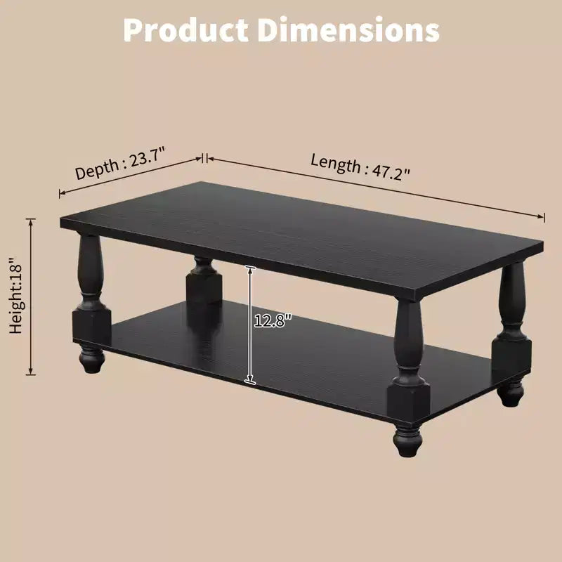 47" Farmhouse Coffee Table with Solid Turned Legs, 2-Tier Living Room Center Table with Storage