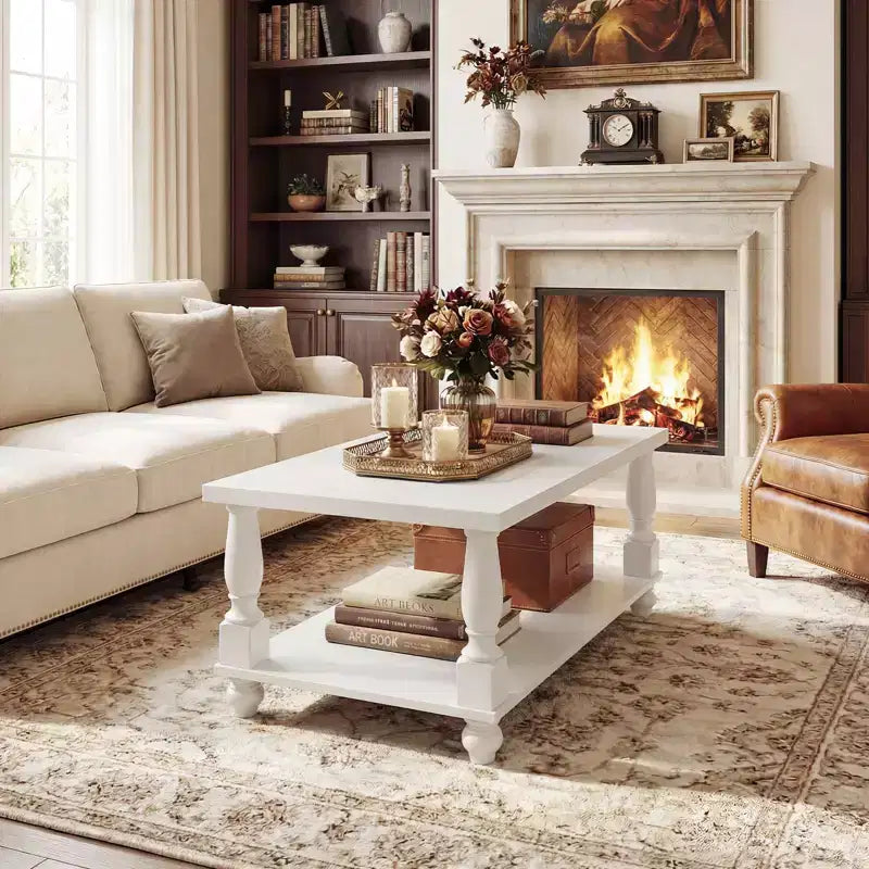 47" Farmhouse Coffee Table with Solid Turned Legs, 2-Tier Living Room Center Table with Storage