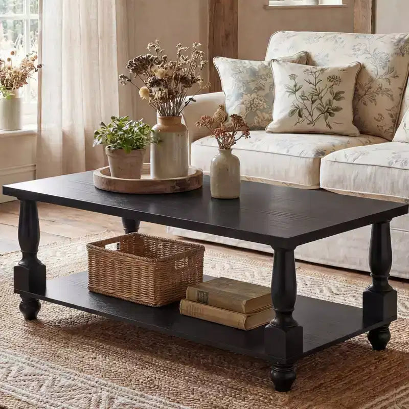 Besiost 47 Farmhouse Coffe Table with Solid Turned Legs, 2-Tier Living Room Center Table with Storage