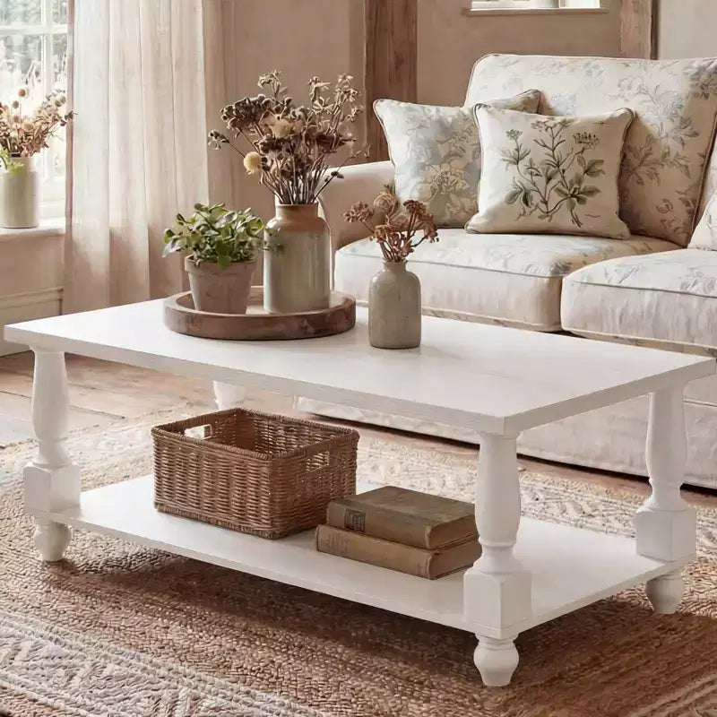 47" Farmhouse Coffee Table with Solid Turned Legs, 2-Tier Living Room Center Table with Storage
