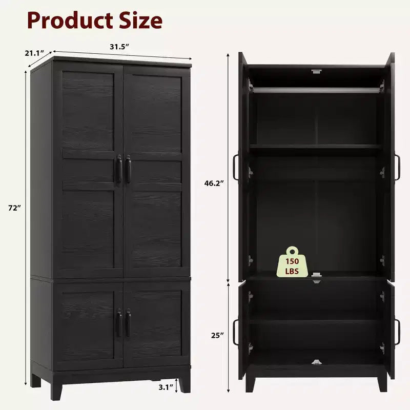 4-Door Wooden Armoire, 72 Tall Wardrobe Closet with Hanging Rod & Adjustable Shelves, Freestanding Clothing Storage Cabinet for Bedroom