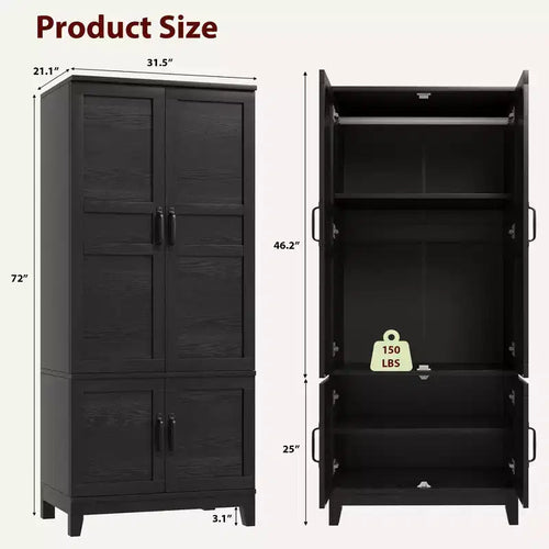 4-Door Wooden Armoire, 72 Tall Wardrobe Closet with Hanging Rod & Adjustable Shelves, Freestanding Clothing Storage Cabinet for Bedroom