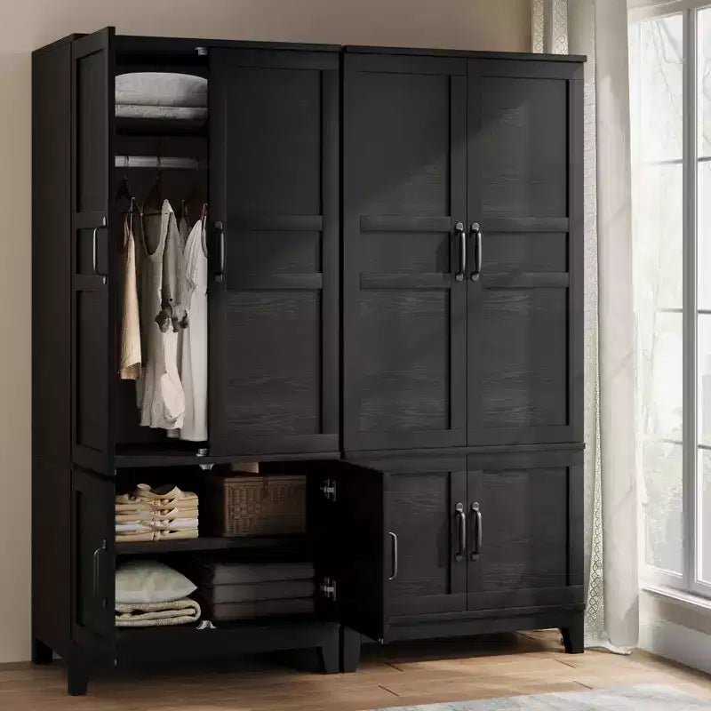4-Door Wooden Armoire, 72 Tall Wardrobe Closet with Hanging Rod & Adjustable Shelves, Freestanding Clothing Storage Cabinet for Bedroom