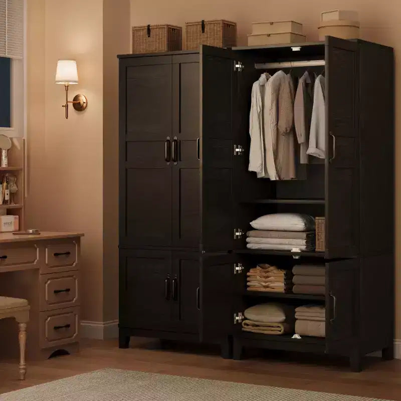 4-Door Wooden Armoire, 72 Tall Wardrobe Closet with Hanging Rod & Adjustable Shelves, Freestanding Clothing Storage Cabinet for Bedroom