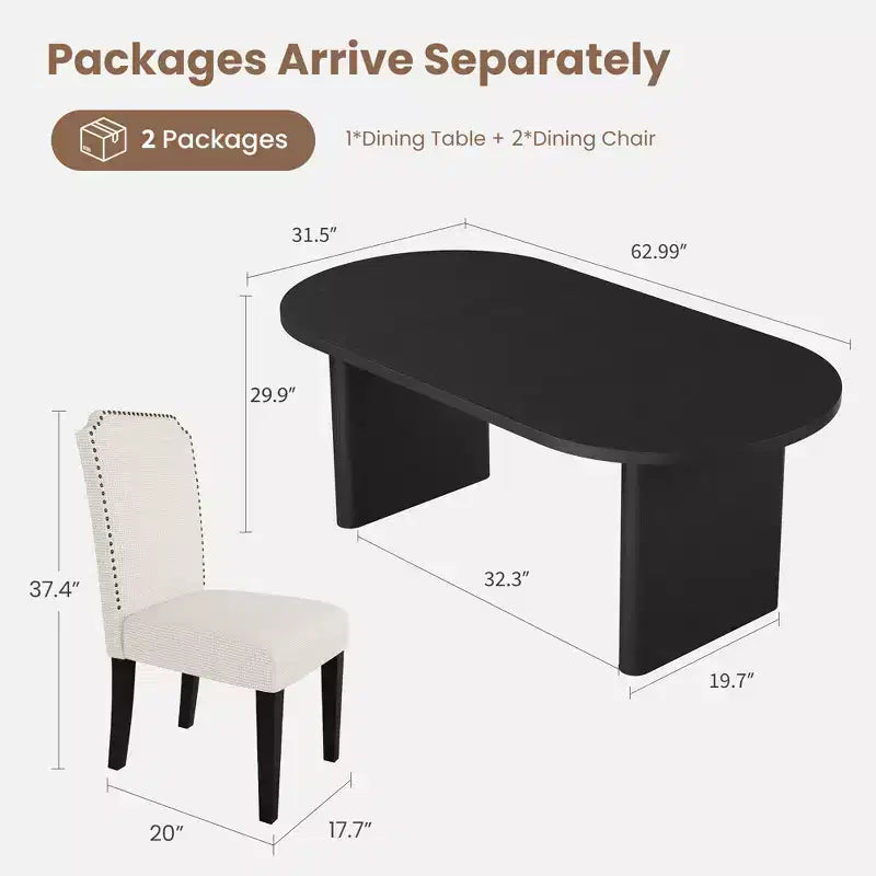 63 Inch Oval Dining Table with 2Upholstered Dining Chairs, Kitchen Table with Thick Sturdy Wooden Base, High Back Wood Dining Chair for Kitchen