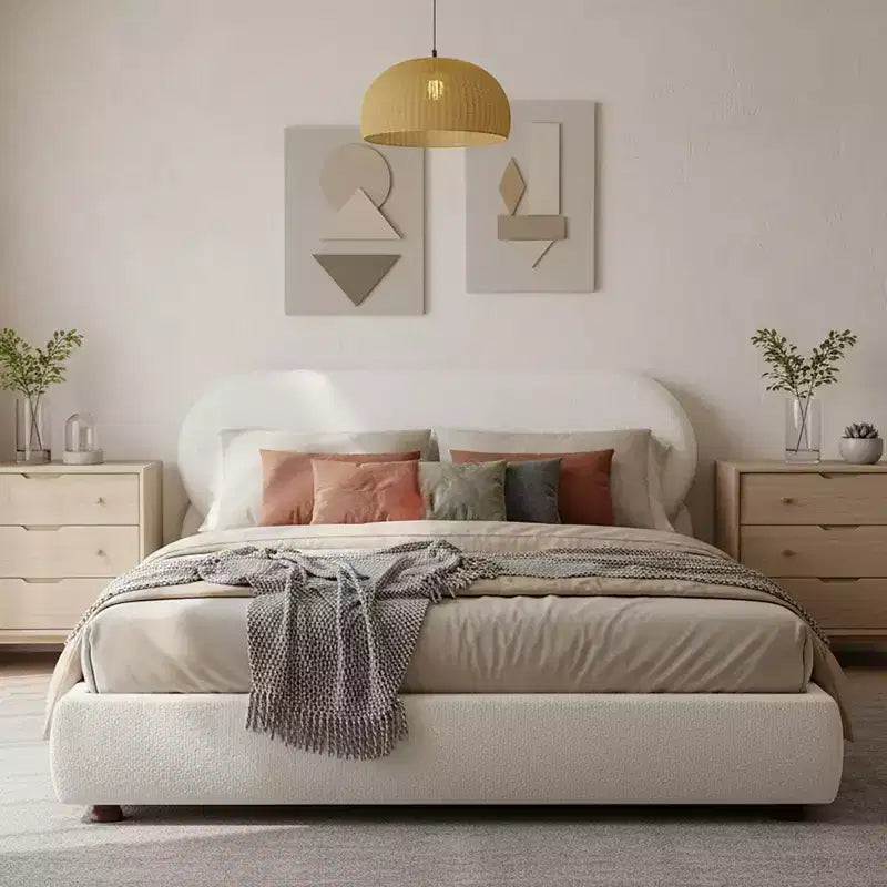 ModernLuxe Queen/King Size Platform Bed with Gourd-Shaped Rubberwood Legs, Cream Boucle Upholstered Bed Frame, No Box Spring Needed