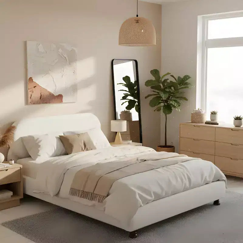 Queen/King Size Platform Bed with Gourd-Shaped Rubberwood Legs, Cream Boucle Upholstered Bed Frame, No Box Spring Needed