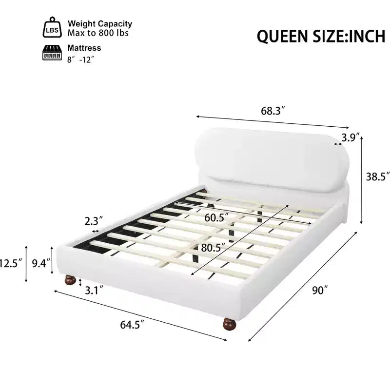 Queen/King Size Platform Bed with Gourd-Shaped Rubberwood Legs, Cream Boucle Upholstered Bed Frame, No Box Spring Needed