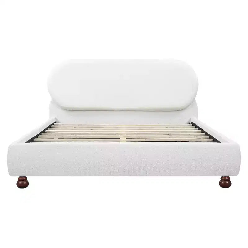 Queen/King Size Platform Bed with Gourd-Shaped Rubberwood Legs, Cream Boucle Upholstered Bed Frame, No Box Spring Needed