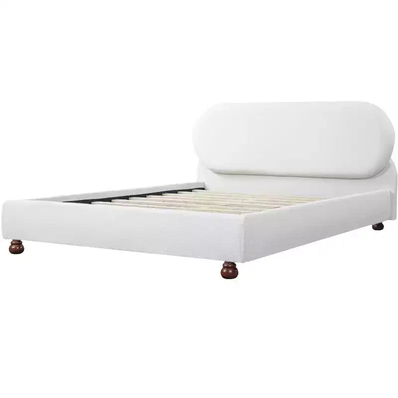 Queen/King Size Platform Bed with Gourd-Shaped Rubberwood Legs, Cream Boucle Upholstered Bed Frame, No Box Spring Needed