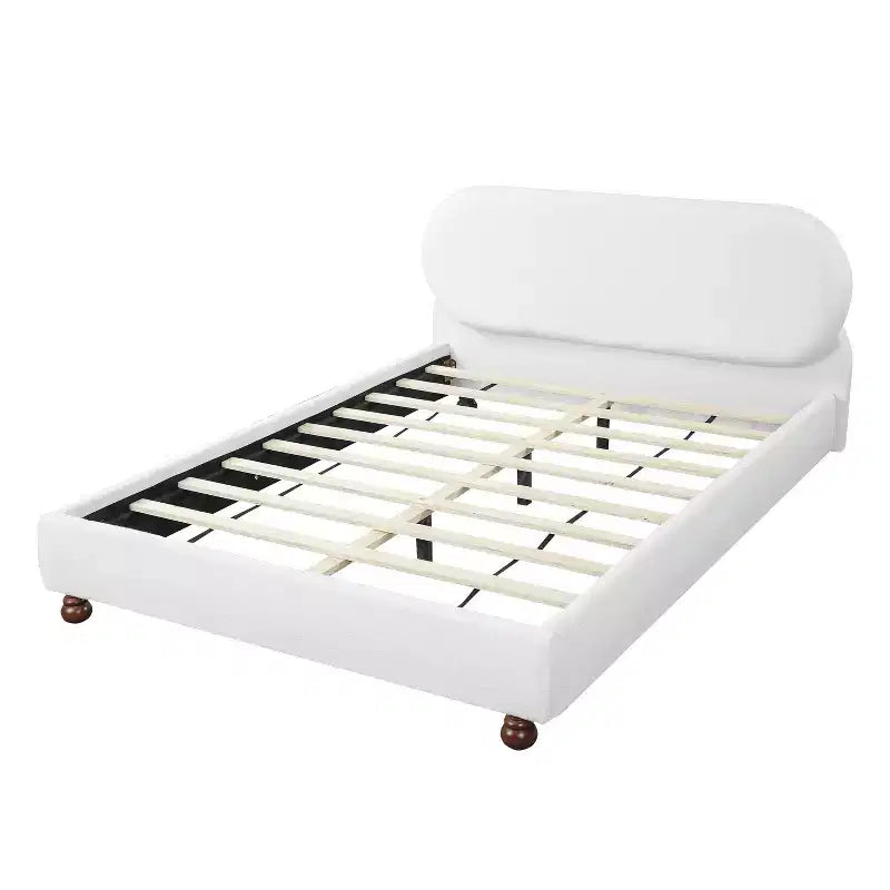 Queen/King Size Platform Bed with Gourd-Shaped Rubberwood Legs, Cream Boucle Upholstered Bed Frame, No Box Spring Needed