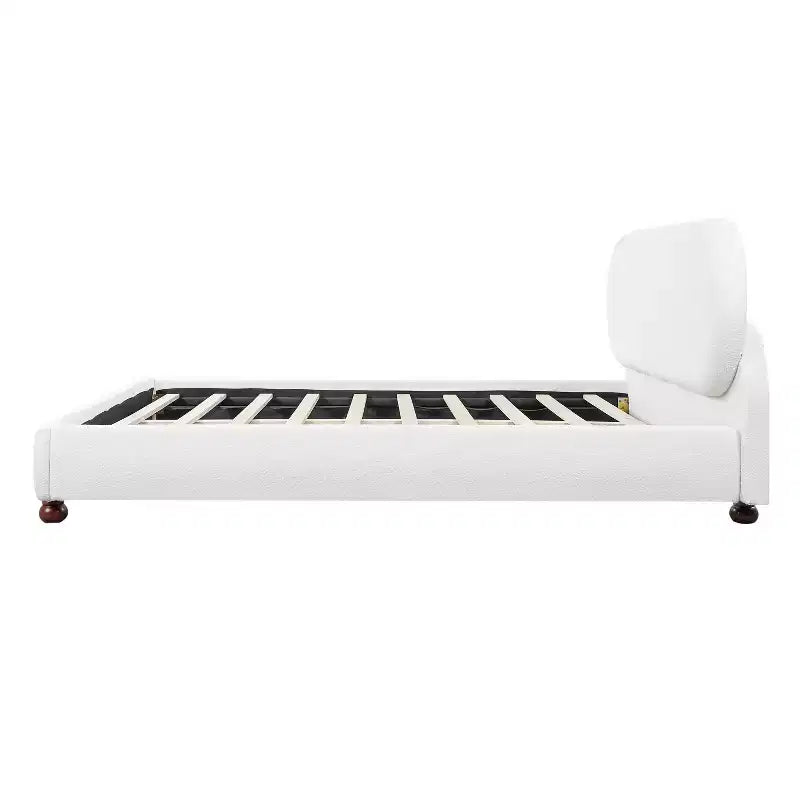 Queen/King Size Platform Bed with Gourd-Shaped Rubberwood Legs, Cream Boucle Upholstered Bed Frame, No Box Spring Needed