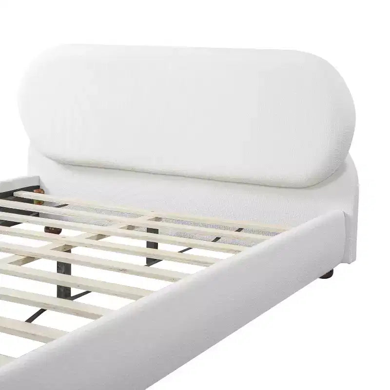 Queen/King Size Platform Bed with Gourd-Shaped Rubberwood Legs, Cream Boucle Upholstered Bed Frame, No Box Spring Needed