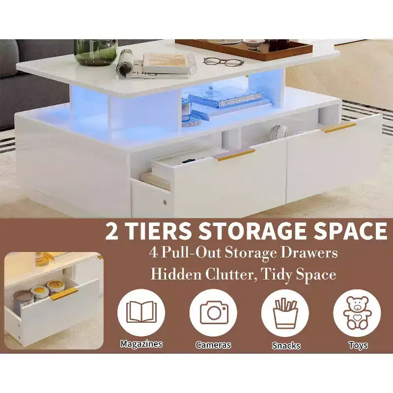 35" Modern Coffee Table with 4 Drawers and Open Shelf, High Gloss White Rectangle Center Table for Living Room