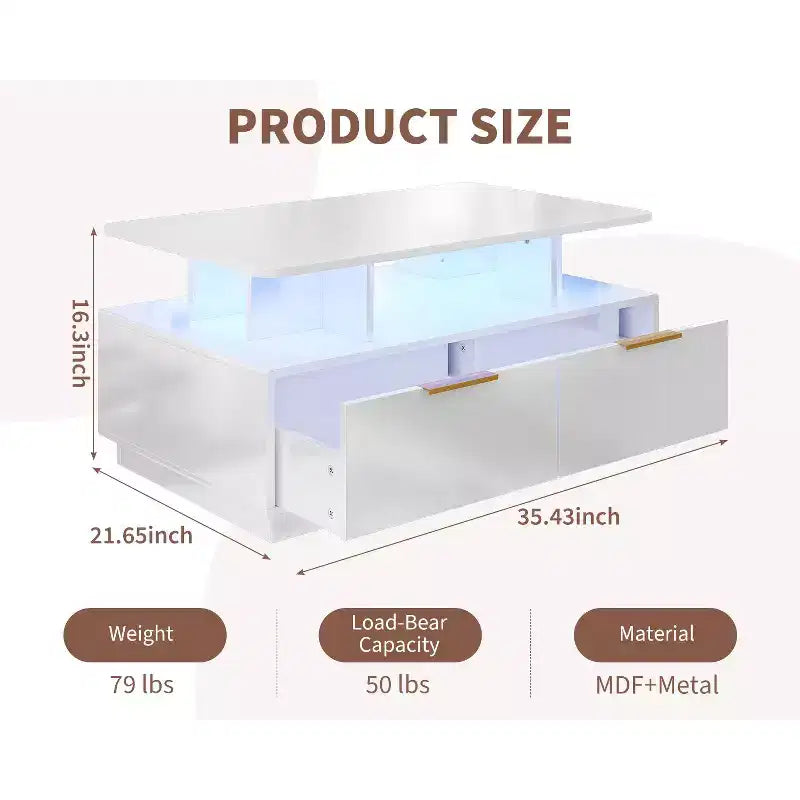 35" Modern Coffee Table with 4 Drawers and Open Shelf, High Gloss White Rectangle Center Table for Living Room