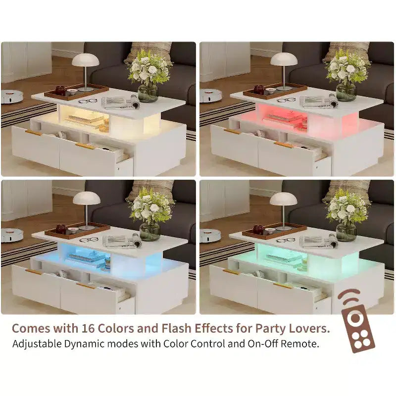 35" Modern Coffee Table with 4 Drawers and Open Shelf, High Gloss White Rectangle Center Table for Living Room