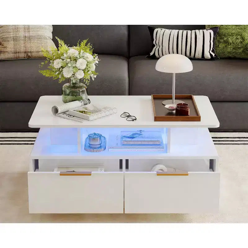 35" Modern Coffee Table with 4 Drawers and Open Shelf, High Gloss White Rectangle Center Table for Living Room
