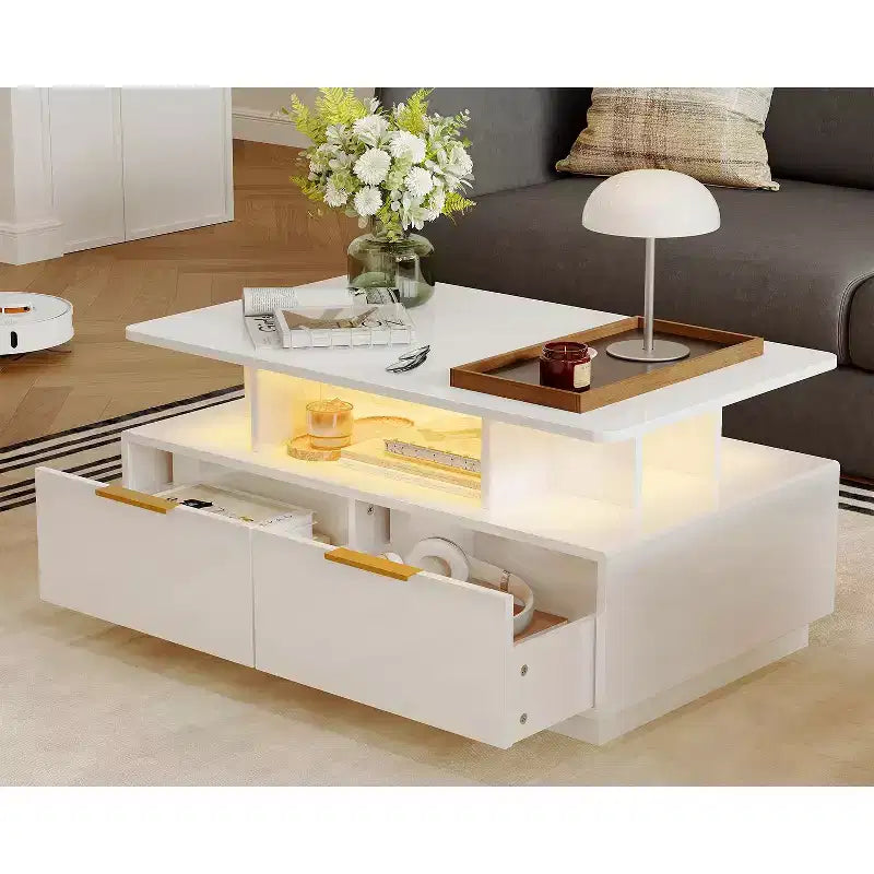35" Modern Coffee Table with 4 Drawers and Open Shelf, High Gloss White Rectangle Center Table for Living Room