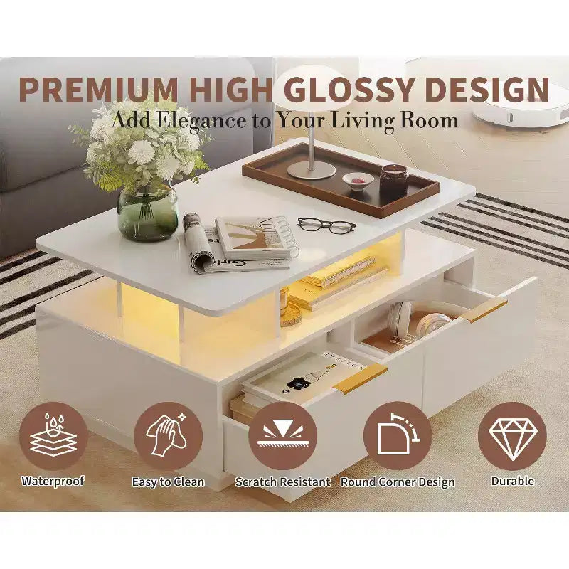 35" Modern Coffee Table with 4 Drawers and Open Shelf, High Gloss White Rectangle Center Table for Living Room