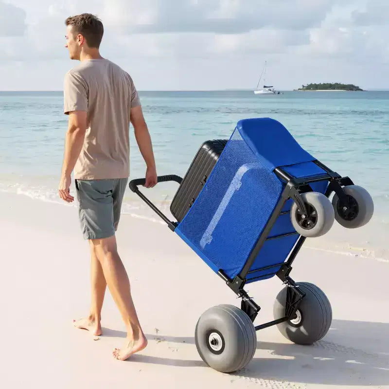 Beach Cart with Large Wheels for Sand, 165 lbs Load Capacity, Heavy Duty Folding Beach Wagon with 12" Balloon Wheels, Storage Bag, Blue+Black