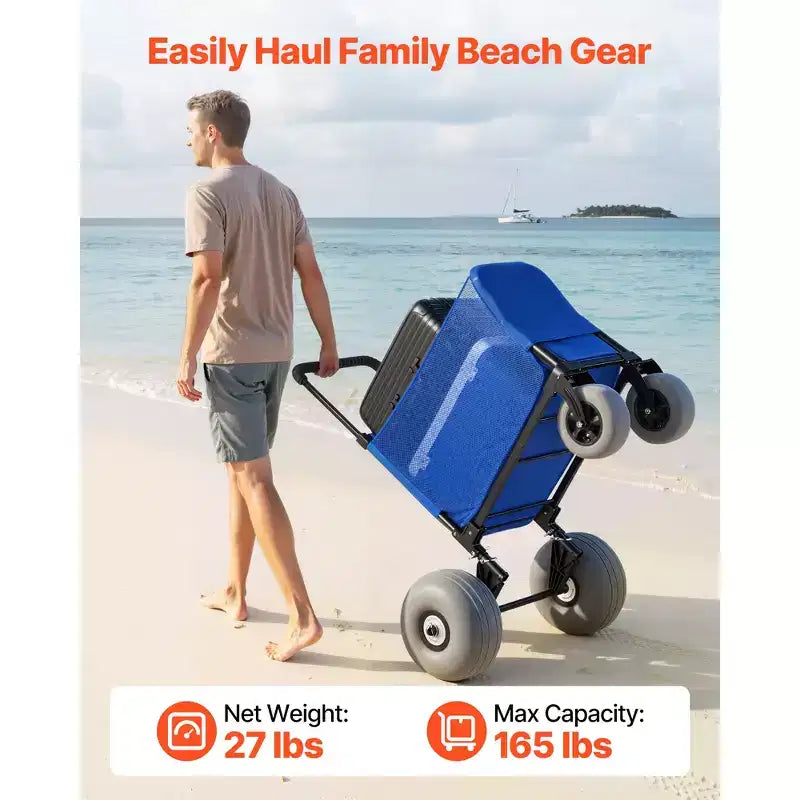 Beach Cart with Large Wheels for Sand, 165 lbs Load Capacity, Heavy Duty Folding Beach Wagon with 12" Balloon Wheels, Storage Bag, Blue+Black